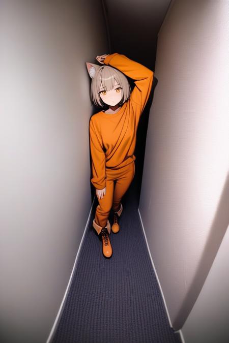 liminal space, 1girl, cat ears, short hair, (expressionless:1.05), closed mouth, orange jumpsuit, boots, long sleeves, against wall, looking at viewer, indoors, dark hallway, an empty room with carpet, (fisheye:0.4), best quality,