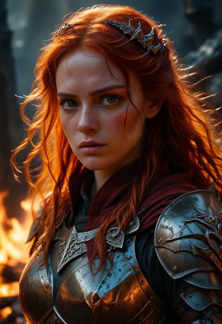 Ultra detailed digital art masterpiece Warrior girl dressed in a iron Armor and winter coat, standing in a bloody battle, looking thoughtfully into the distance, dark fantasy medieval dirty Town, perfect lighting, beautiful Sadie Sink as Warrior girl, attractive woman, elegant, attractive figure, sinewy athletic body, unreal engine 5 nanite quality, mixed with dark elements, dark environment, very cold winter night, clean dark velour witch clothing, LOTR style, dark washed out eyeliner, no make up, natural pale bloody face, realistic blue eyes, ultra detailed atmospheric details, beautiful glowing effects, sparkle effects, realistic body proportions, beautiful face proportions, complex masterpiece, wavy red hair, creative glowing detailed tattoos, complex physics, enhanced colors, complimentary colors, ultra detailed raytracing reflections, Ultra detailed complex background, environment feels alive, direct eye contact, dramatic lighting, wet and sweaty skin, beautiful firm Breasts, Concept art portrait by Greg Rutkowski