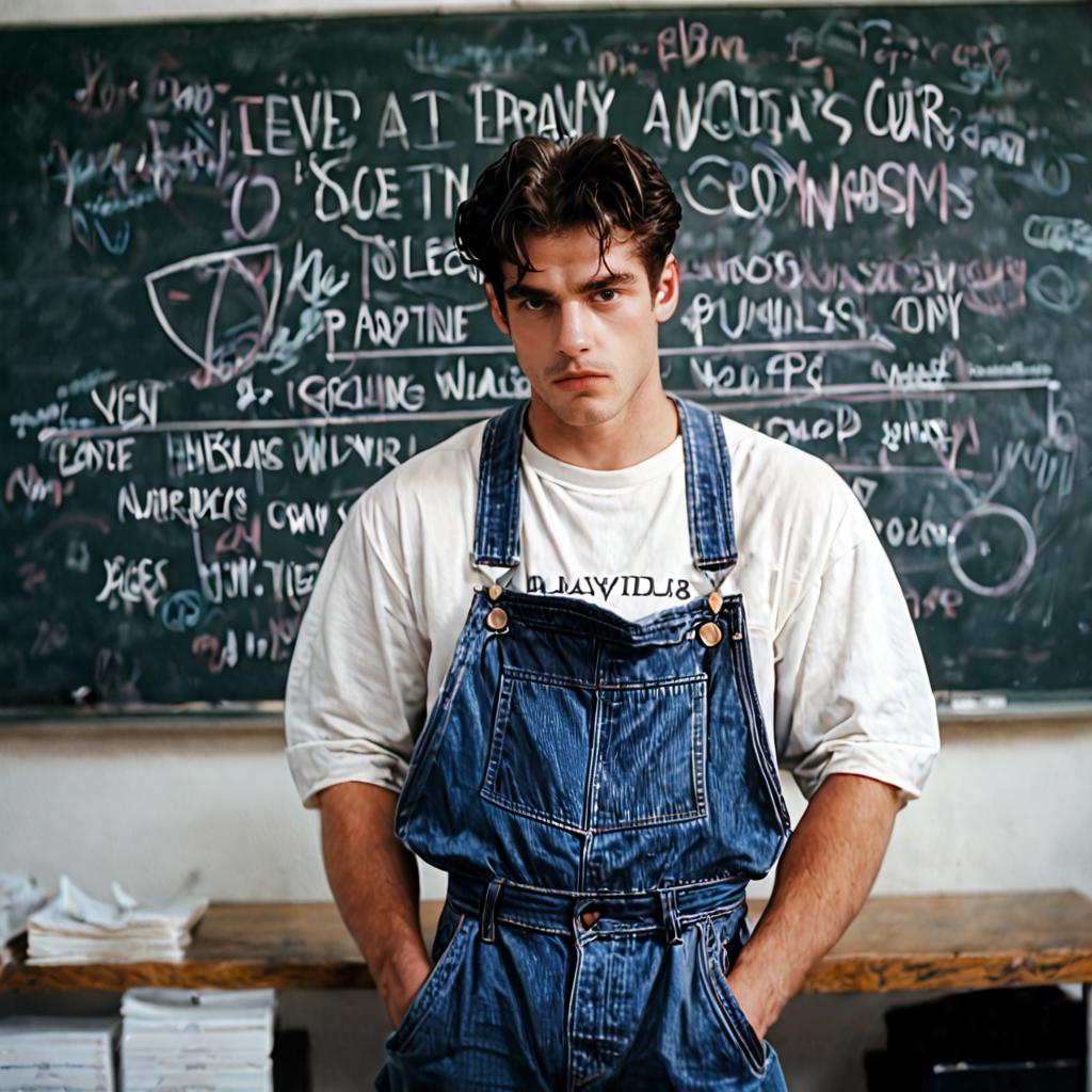 core_9, score_8_up, score_7_up, score_6_up, <lora:90s_Indie_MoviePony:1> ArsMovieStill, movie still from a 1990s indie movie, The image shows a young man standing in front of a blackboard with text written on it. He is wearing a shirt and overalls and there are tables in the background with papers on them., solo, chalkboard, 1boy, male focus, overalls, shirt, hands in pockets, realistic, black hair, white shirt