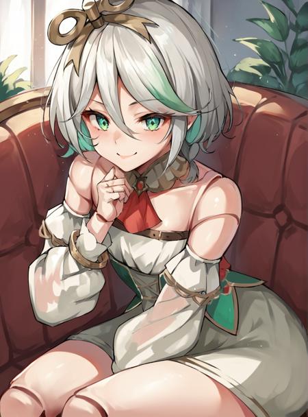 cecilia_immergreen, 1girl, multicolored hair, green eyes, doll joints, joints, bare shoulders, detached sleeves, hair between eyes, white hair, dress v_sign smile,
