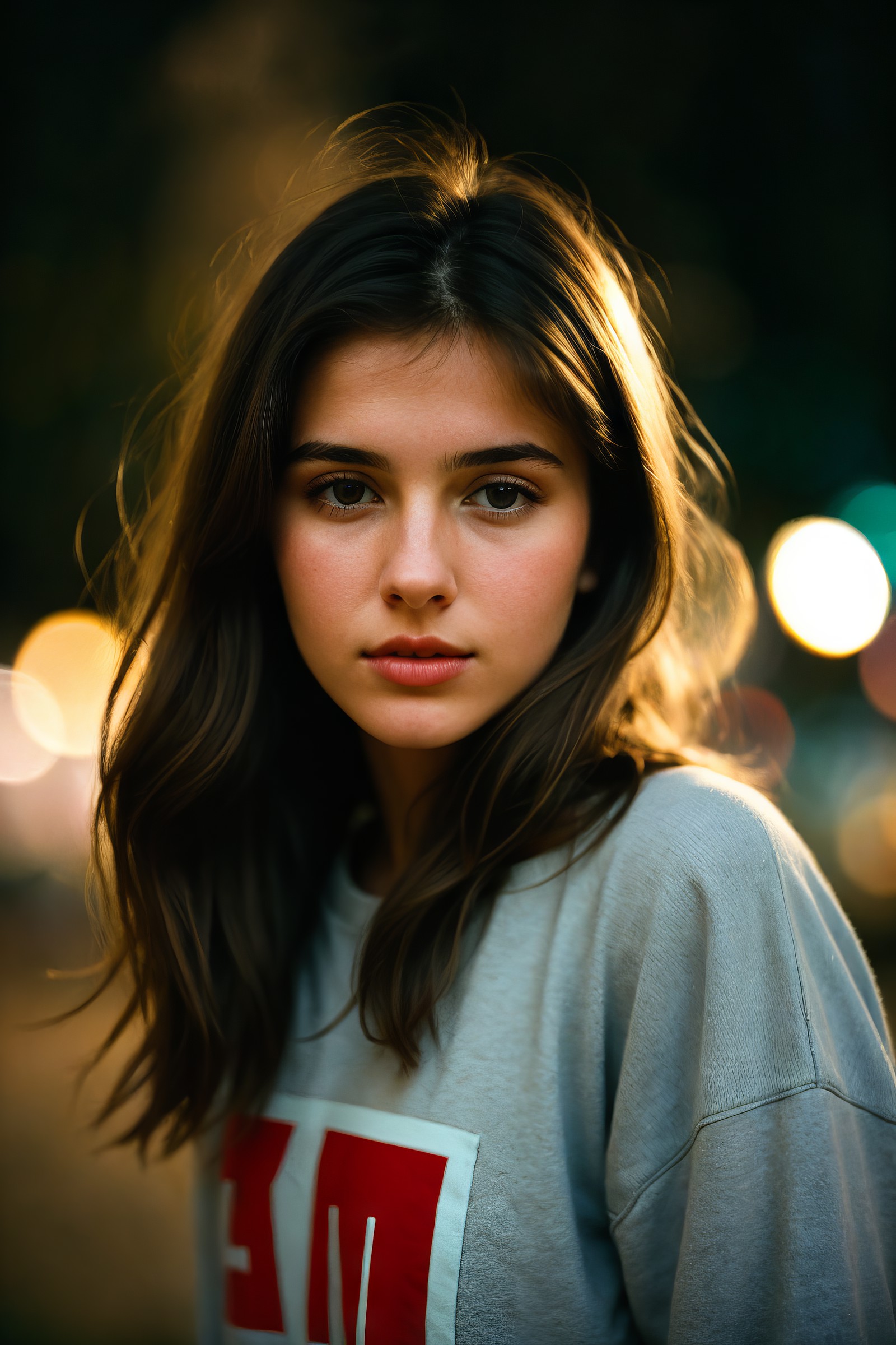 a beautiful 23-year-old woman,brunette,close-up,girl next door,baggy clothes,night,messy hair,film grain,retro,(bokeh:1.3)...