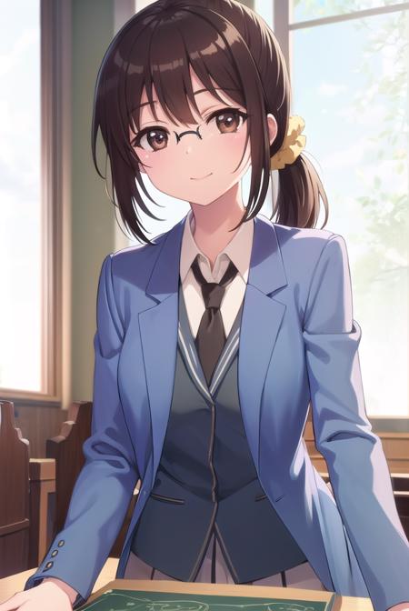 rikashiguma, <lora:rika shiguma s2-lora-nochekaiser:1>,
rika shiguma, brown hair, (brown eyes:1.3), ponytail, glasses, scrunchie, yellow scrunchie, smile,
BREAK school uniform, necktie, labcoat,
BREAK indoors, classroom,
BREAK looking at viewer, (cowboy shot:1.5),
BREAK <lyco:GoodHands-beta2:1>, (masterpiece:1.2), best quality, high resolution, unity 8k wallpaper, (illustration:0.8), (beautiful detailed eyes:1.6), extremely detailed face, perfect lighting, extremely detailed CG, (perfect hands, perfect anatomy),