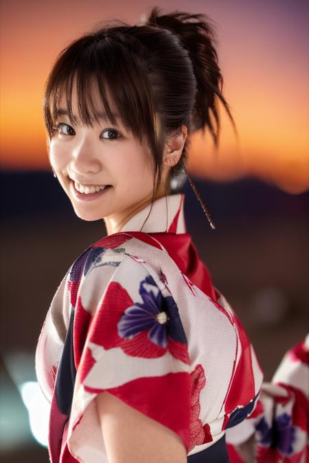 masterpiece, best quality, ultra high res, ultra detail, realistic, photorealistic, ultra realistic, professional lighting, depth of field, hikari, 1girl, solo, dynamic pose, dynamic angle, extreme detailed face, perfect face, smile:0.2, small breasts, skinny body, kimono, outdoor, crowd, firework, at night, on beach