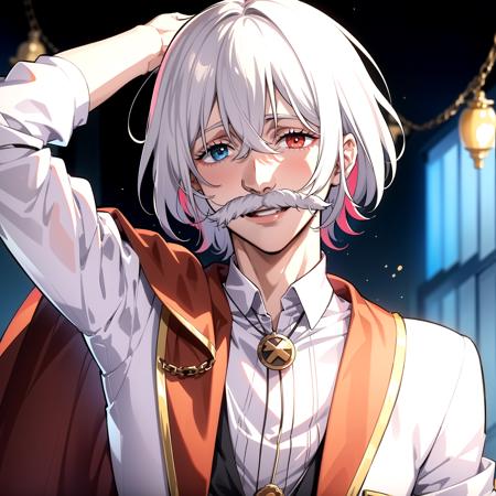 1boy, solo, multicolored eyes,heterochromia, cape, facial hair,male focus,mustache, white shirt, short hair,white hair,smile, <lora:JackTheRipper:0.6>