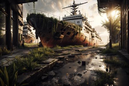 8k, realistic, vray, HDR,  6000K, ship <lora:PostApocalyptic_v3-000007:0.6> SZ_4po enviroment