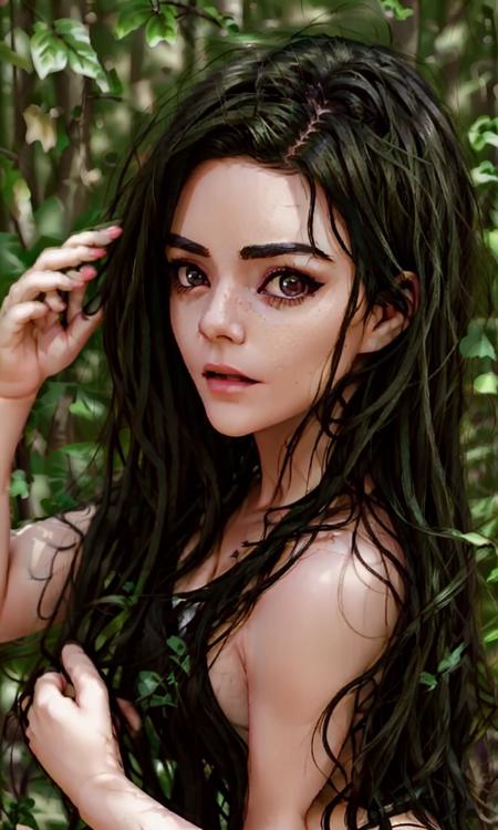 portrait of a woman, black hair, blurry background, forest background, sunny,  <lora:AsheMaree_V0.2:1.0>