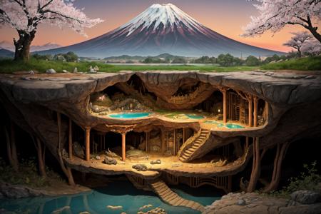 masterpiece, best quality, CG, wallpaper, HDR, high quality, high-definition, extremely detailed, from the side, ADDCOMM
mt fuji, snow capped mountain, japan, day time, cherry blossoms, ADDROW 
csu, cross-section, underground, burrow, cave, treasure, chinese dragon, subterranean pool, lake, stone, <lora:Cross_section_underground:0.9>