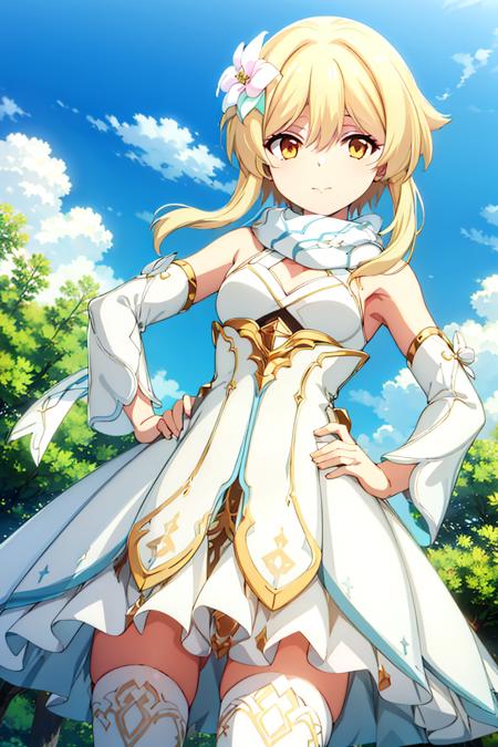 Lumine,1girl,hair ornament,hair flower,looking at viewer,solo,detached sleeves,thighhighs,sidelocks,outdoors,bangs,white dress,short hair with long locks,yellow eyes,white scarf,zettai ryouiki,