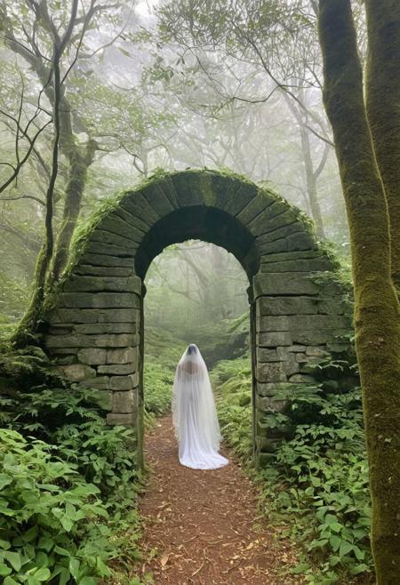Create a portrait photograph developed on film, capturing the captivating essence of a figure standing in a misty, ancient forest at dawn. The figure is dressed in flowing, ethereal robes that blend seamlessly with the surrounding fog, creating an aura of mystery and enchantment. Their face is partly hidden by a delicate, lace veil, revealing only their intense, expressive eyes.
The forest is a labyrinth of towering, moss-covered trees, their gnarled branches twisting upward, shrouded in mist. Sunlight filters through the dense canopy, casting dappled light on the forest floor, which is blanketed with fallen leaves and scattered wildflowers.
In the background, a forgotten stone archway, covered in ivy, stands as a relic of a bygone era. The archway is adorned with intricate carvings, hinting at a history long forgotten. Through the arch, the faint outline of a crumbling stone path can be seen, disappearing into the depths of the forest.
The color palette is a harmonious blend of muted greens, soft grays, and subtle hints of warm sunlight. The film grain adds a textured, nostalgic quality, enhancing the dreamlike atmosphere of the scene.
The overall composition evokes a sense of timeless beauty and mystery, where the figure seems to be both a part of the natural world and a keeper of its secrets. The photograph captures a fleeting moment in a place where history, nature, and the ethereal converge.