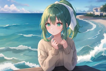 masterpiece, best quality, 1girl, upper body, sitting, swept bangs, medium hair, ponytail, green hair, sweater, fluffy, outdoors, horizon, sky, ocean, water, water world, waves, ripples, , <lora:kinugami32:0.9>