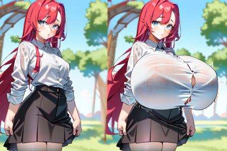 masterpiece, best quality, 1girl , pink hair,  long hair, blue eyes, white shirt, buttoned shirt, black skirt, short skirt, (breast expansion:1.1), huge breasts, <lora:expansion:1>