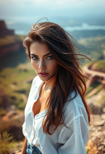 A breathtaking 22-year-old brunette supermodel with strikingly complex irises gazes intently at the viewer, her wind-swept hair framing delicate features. Dressed in a loose translucent white linen shirt and denim shorts, peering into the distance. The composition, captured at a Dutch angle, features stunning scenery in the background, enhanced by cinematic lighting and volumetric effects. The foreground and background are artistically blurred, with chromatic aberration adding depth and intrigue.