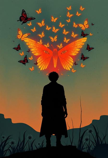A silhouetted figure releases a swarm of glowing butterflies that form a face in the sky, half-painted, half-illustrated, surreal pop surrealism meets minimalist conceptual illustration, bold color palettes, moody dreamlike compositions, graphic symbolism, emotionally charged figures, textured painterly effects fused with clean vector forms, glowing organic shapes, stylized surreal landscapes, narrative-driven visual metaphors, contemporary storytelling with fantastical undertones, urban decay with a touch of whimsy, simplified shapes with deep psychological themes, retro-futuristic tones, surreal flora and fauna, imaginative environmental moods