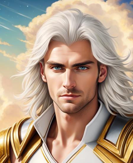 ((masterpiece, best quality)), very handsome man in the center, wearing a large and gleaming white armor, white hair and golden eyes, looking at the viewer, distant expression, luminous clouds in the background,