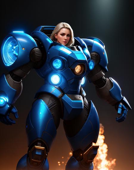 4K, Masterpiece, highres, absurdres,photorealistic,Parrley_armor, a woman in a blue suit of armor ,wearing Parrley_armor, big bulky futuristic armor,glowing lights, <lora:Parrley:0.7>