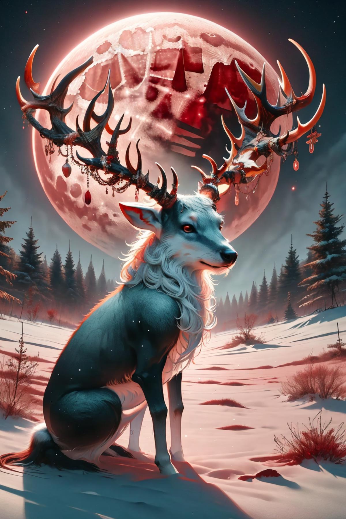 A fantasy illustration of a deer-like creature with antlers, sitting in the snow.