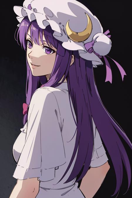 ((masterpiece,best quality)), absurdres,
<lora:patchouli_knowledge-byPatchouli:0.8>, patchouli_knowledge, 1girl, solo, purple hair, purple eyes, long hair,  mob cap, crescent hat ornament, 
side view, 
solo, smiling,