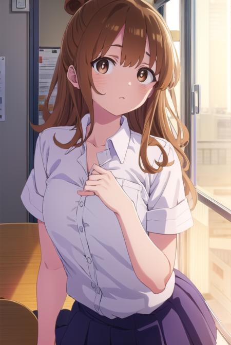 moekosekine, <lora:moeko sekine s1-lora-nochekaiser:1>,
moeko sekine, long hair, skirt, brown hair, (brown eyes:1.5), hair bun, single hair bun, sidelocks,
BREAK skirt, shirt, school uniform, white shirt, short sleeves, pleated skirt, collared shirt, blue skirt,
BREAK indoors, classroom,
BREAK looking at viewer, (cowboy shot:1.5),
BREAK <lyco:GoodHands-beta2:1>, (masterpiece:1.2), best quality, high resolution, unity 8k wallpaper, (illustration:0.8), (beautiful detailed eyes:1.6), extremely detailed face, perfect lighting, extremely detailed CG, (perfect hands, perfect anatomy),