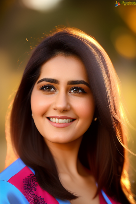 Portrait of a close up of a woman, solo, female focus, outdoor, scenery, realistic, portrait, jacket, looking at viewer, sunset, Raashikhanna, raashi khanna, actress, celebrity, perfect face, round eyes, beautiful smile, slim body, perfect breasts, black medium hair, gorgeous, light skinned, looking at camera, smile