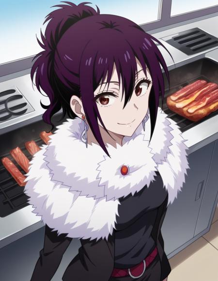 hana kirisaki, purple hair, brown eyes, ponytail, short hair, hair between eyes, medium breasts, formal, suit, office lady, fur trim, earrings,