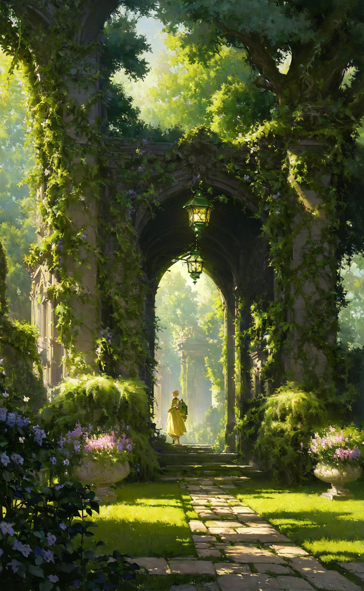 A woman walking through a green archway with vines and flowers.