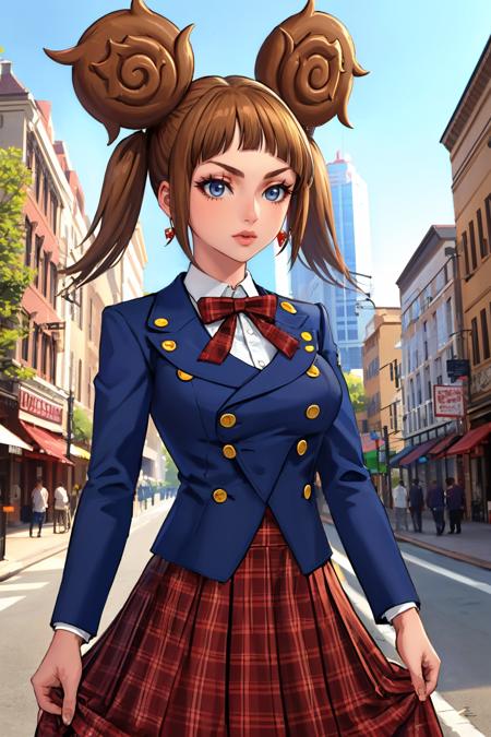 ririnsmt, brown hair, twintails, double bun, blue jacket, skirt