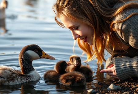 beautiful woman on the shore feeding a duck and her chicks in a pond in the morning, close up on face and duck