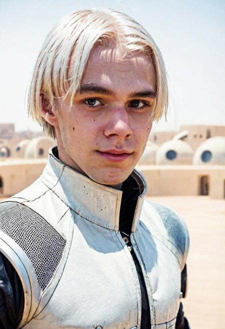 Portrait Photo a portrait, natural and hyperdetailed photography, young man, 
in anarchy future city in 2130s, white hair, looking straight to camera, sweaty, very accurate photo, suspiria, 2130s Clothes,dirty, (male focus:1), steampunk,apocaliptic state,sad, (laughing:1.2) (futuristic image:1.4), pale skin,(many details futuristic in clothes)