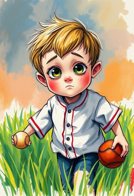 A big-eyed little boy, wearing an oversized baseball shirt, playing baseball in a field of grass. Colorful sketch with uneven coloring, with streaks of paint, by Benjamin Lacombe, Jon Klassen, and Mac Barnett. Perfect composition, masterpiece, aesthetics. Hyperrealistic, splash art, concept art, mid shot, intricately detailed, color depth, dramatic, 2/3 face angle, side light, colorful background detailed matte painting, deep color, fantastical, intricate detail, splash screen, complementary colors, fantasy concept art.