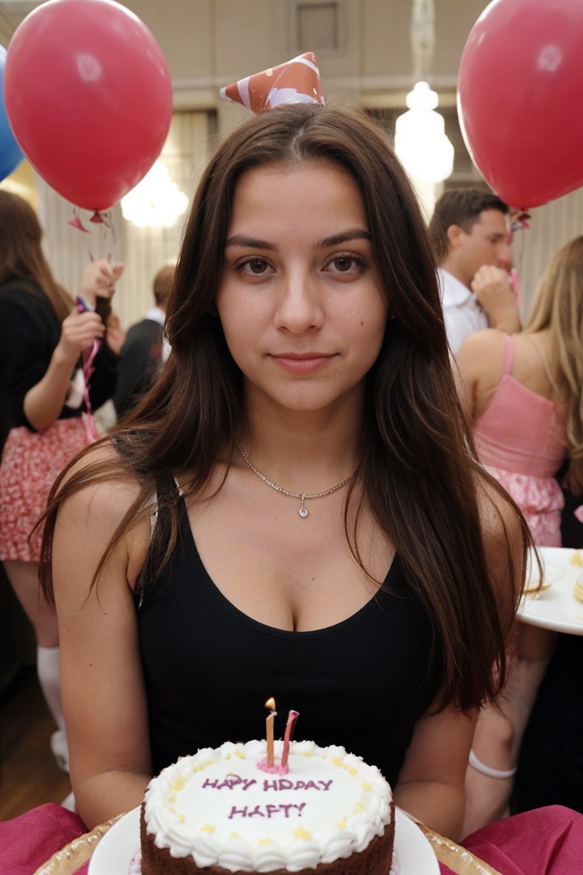 young below average woman, birthday party, cake, people in background