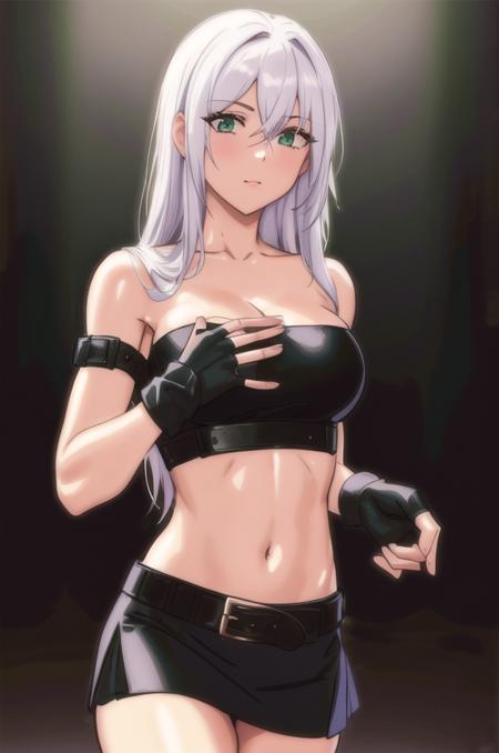 <lora:THEPIT:0.6>, THEPIT, masterpiece, best quality, 1girl, gloves, long hair, green eyes, solo, navel, fingerless gloves, elbow gloves, white hair, midriff, skirt, black gloves, breasts, cowboy shot, belt, hair between eyes, looking at viewer, collarbone, bangs, bare shoulders, strapless, groin