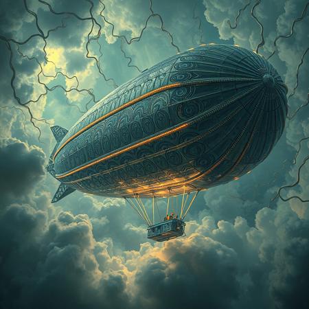 masterpiece, ultra-detailed, dutch angle view of a trippy zeppelin drifting through tangled circuits and misty clouds, metalic-scale patterns glowing under electric stormlight, silver colors
