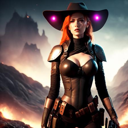 an attractive woman [gunslinger:bounty hunter:0.4] standing in a scifi wilderness (oneshot style:1) <lora:djzOneShot_LB2:0.8>