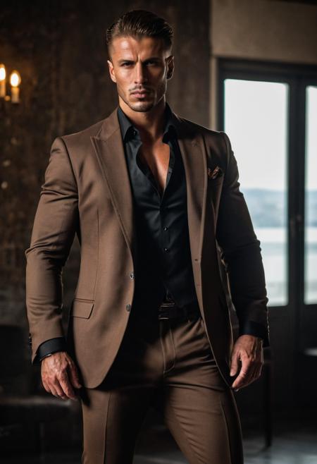 raw photo, full body, beautiful man, Mafia man, exudes confidence,  brown hair