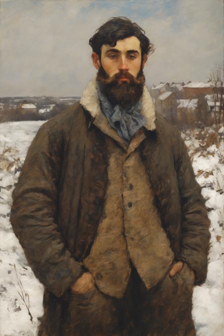 Jules Bastien-Lepage Style - portrait of 1920 bearded man, snowjacket, torso, dark hair, with torso, with sky, snowy background, in the style of camille pissarro oil painting