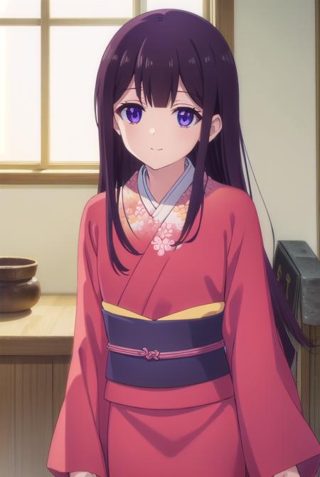 aika sakuranomiya, long hair, bangs, purple hair, (purple eyes:1.1), blunt bangs, japanese clothes, kimono, sash, obi, red kimono,