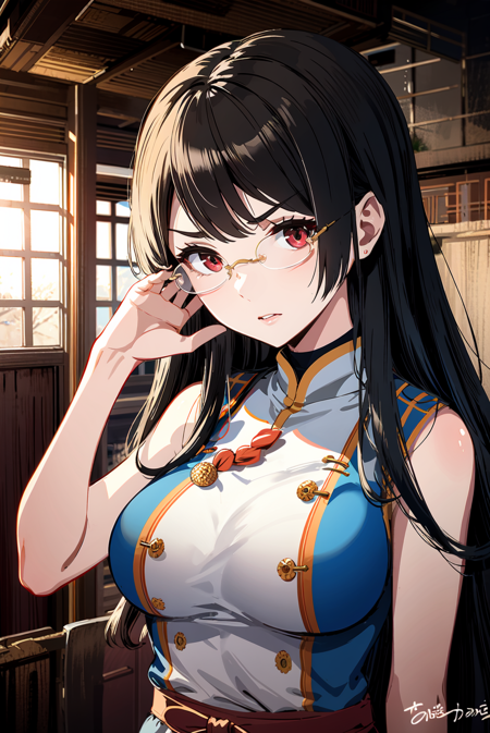 1girl, solo focus, dutch angle, choukai, (red eyes:1.3), rimless glasses, long dark brown hair, v-shaped eyebrows, annoyed, upper body, large breasts, (armor, japanese armor, kote, kusazuri, shirt, sideboob, sleeveless, sleeveless shirt:0.8), east asia architecture, glint, sunbeam,