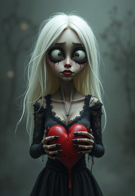 A stylized caricature of a dark female figure with a hollow chest with an empty hole in the middle. Her hair is light, almost white. She holds a bleeding, dark red and torn, broken  heart in both hands in front of her chest. The figure has exaggerated, elongated features, large sorrowful eyes, and a melancholic yet endearing expression. The atmosphere is eerie but sweet, with a soft glow highlighting the creature’s delicate sadness. Intricate gothic details adorn her body, with torn lace and faintly glowing cracks along her form. The background is misty and dimly lit, evoking a dreamlike, almost whimsical gothic fairytale aesthetic The picture features muted color palette and a dezent monochromatic scheme, primarily with shades of black, white, and silver. 
