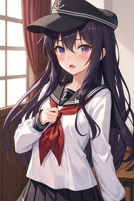 best quality, masterpiece, highres, solo, {akatsuki_kantaicollection:1.15}, long_hair, serafuku, hat, anchor_symbol, purple_eyes, purple_hair, flat_cap, blush, black_hair, hair_between_eyes, 1girl, neckerchief, open_mouth, red_neckerchief, school_uniform