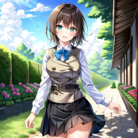 aoi, solo, 1girl (standing in a garden:1.4) with (short brown hair:1.2) and (green eyes:1.3) and wearing (pleated skirt and brown vest and collared shirt and blue bow and black thighhigh:1.3)
{{{masterpiece}}}, {{best quality, super fine illustration}}, ((dense hair)),  ((beautiful eyes)),{very delicate light, perfect and delicate limbs}, {{ fine luminescence ,very fine 8K CG wallpaper}}, ((an extremely delicate and beautiful girl)), dynamic angle, l (staring blankly, lovely big eyes), beautiful detailed eyes, (absurdres, incredibly absurdres, illustration, ultra-detailed),
solo, high quality, CG, wallpaper, anime girl,dense hair, cute face, two legs, detailed hair, (very detailed hair), (beautiful eyes), Na-ga style