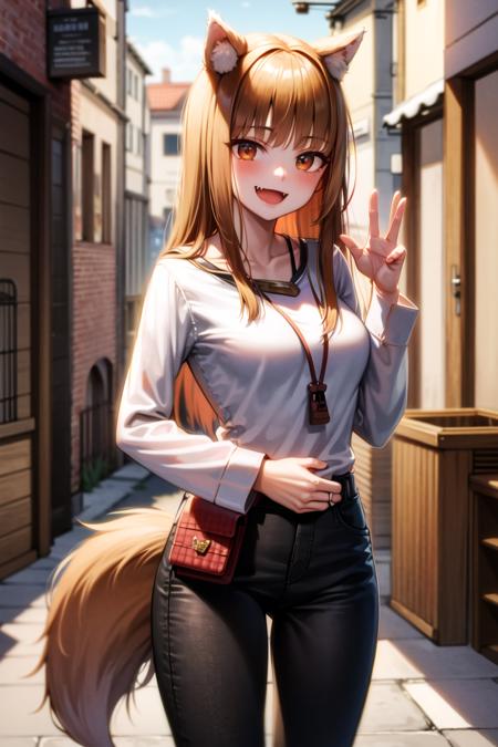 <lora:holo:1>, holo, masterpiece, best quality, absurdres, 1girl, looking at viewer, standing, indoors, cowboy shot, white shirt, black pants, medieval, city, street, neck pouch, fang, smile