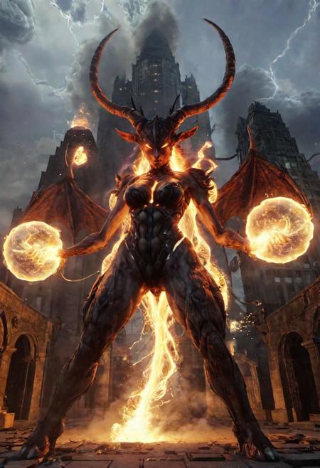 energy ball, spark, lightning, 4 wings made of smoke, glowing hair, spike hair, female giant, female giant, small breasts, perky breasts, glowing horns, lava, bones, horns, multiple horns, multiple heads, multiple eyes, perfect breasts, slim, giant, giant humanoid, skinny, skinless monster, city, destroyed city, ruined city, steam, lots of steam, bleakfaith,gigantic glowing cloud,lying between floating omnistructures,surrounded by clouds,science fiction,panorama of a metropolis below,highly detailed, sharp definition ,cinematic,50nm dof,bokeh,realistic,sharp focus,ultra detailed,128k uhd,awardwinning,trending on artstation, <lora:bleakfaith-000004:0.8>, <lora:add-detail-xl:2>,<lora:RMSDXL_Creative:2>, worlds of galaxies, fantasy portal to far universe, dramatic light, faded sunrise, cinematic lighting, shattered, angle-forward, direction on Artstation, 4k, hyper-realistic, pixelated, Unreal Engine 5, cinematic, masterpiece, art by Studio Ghibli, intricate artwork by John William Turner