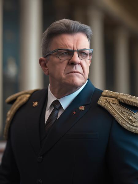 upper body portrait of angry man Melench123 looking at viewer, wearing a cybernetic Cuban uniform armor, square eye frame glasses, dynamic pose, a (empty parliament room:1.1) at background,intricate detail, photorealistic, trending on artstation, vibrant, sharp focus, smooth painting