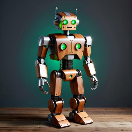 ptchkrawk, robot, wooden robot, chains, glowing eyes, green eyes, mechanical, industrial, wood texture, brown color, gradient background, grey background, digital art, 3D rendering, standing pose, futuristic, sci-fi, minimalistic, no humans, no clothes, no genitals, no breasts, no face, no hair, no accessories, no jewelry, no shoes, no socks, forest background objects, no text, no watermark, no signature