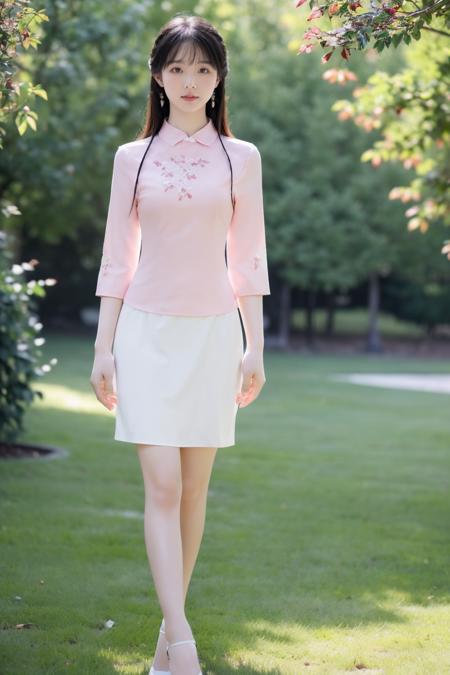 pink shirt,white skirt,