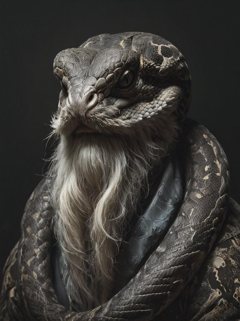 A bearded snake with long whiskers wrapped around its neck and shoulders.