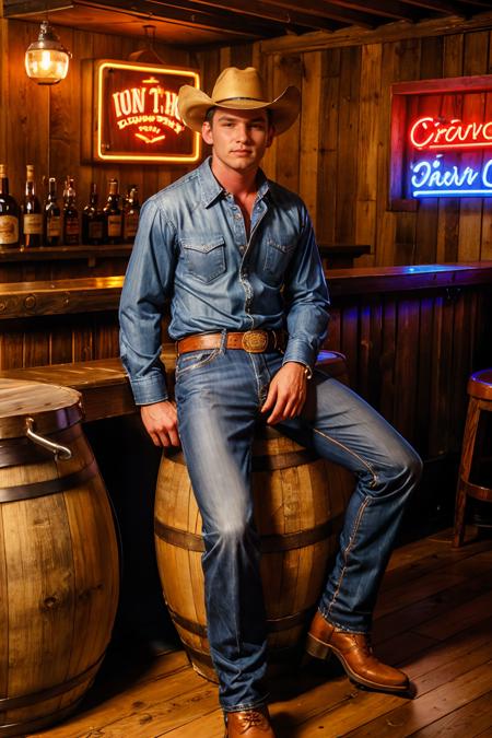 Country Western bar, neon signs, exposed wood interior, sitting on a barrel at the bar, TravisWade, wearing cowboy cut long sleeve dress shirt, blue jeans, cowboy hat and cowboy boots, (((full body portrait))), wide angle,  <lora:TravisWade:0.8>