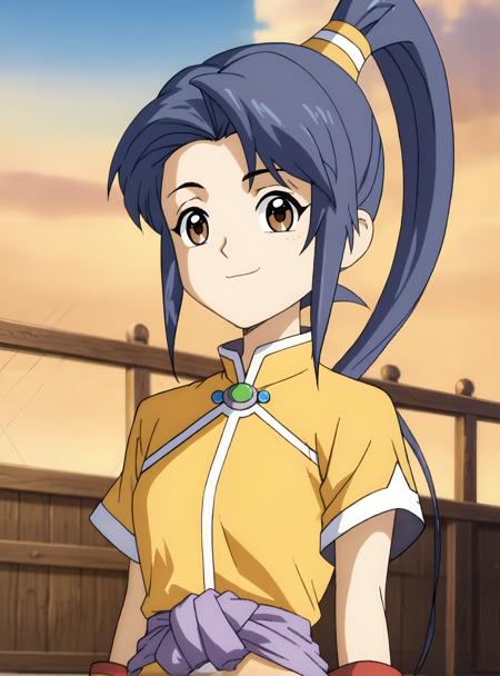 ajiao,Purple hair,ponytail,brown eyes,  yellow and red short sleeve outfit,purple sash,