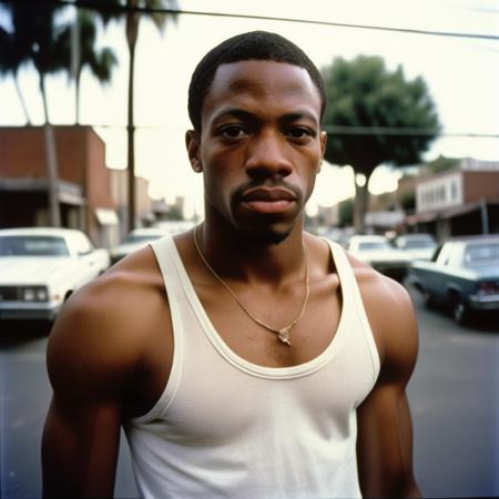 1990s, closeup portrait photo of 25 y.o afro american man, Carl Johnson, white tank top, short hair, natural skin, looks away, los angeles street, Grove Street Families gang, (cinematic shot, film grain:1.1)
