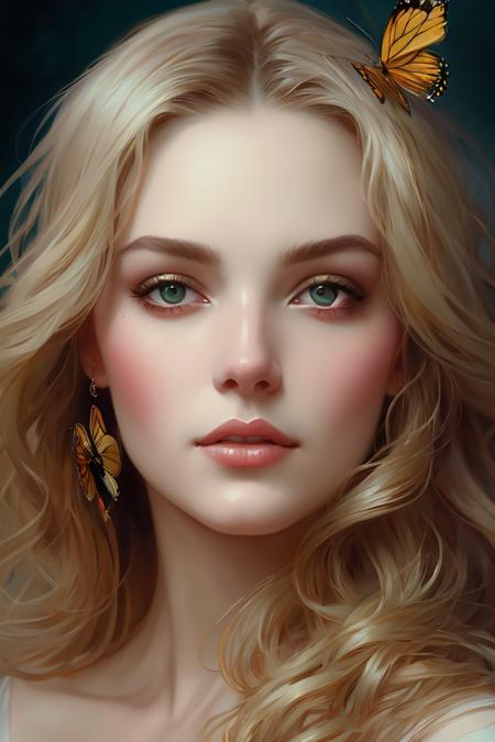 a woman with many difference butterflies on her face. beautiful highly detailed face. painting by artgerm and greg rutkowski and alphonse mucha.